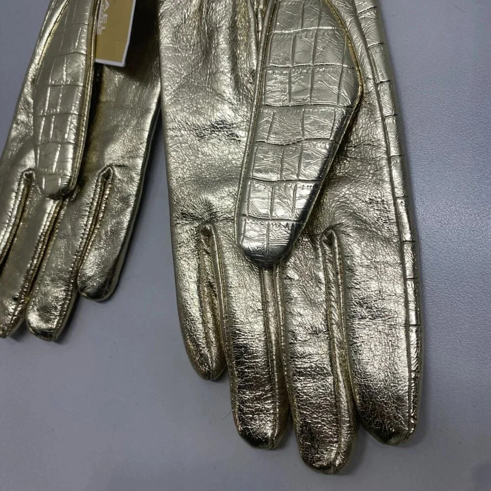 Michael Kors Women's Metallic Crocodile Embossed Leather Gloves – Size M – Gold